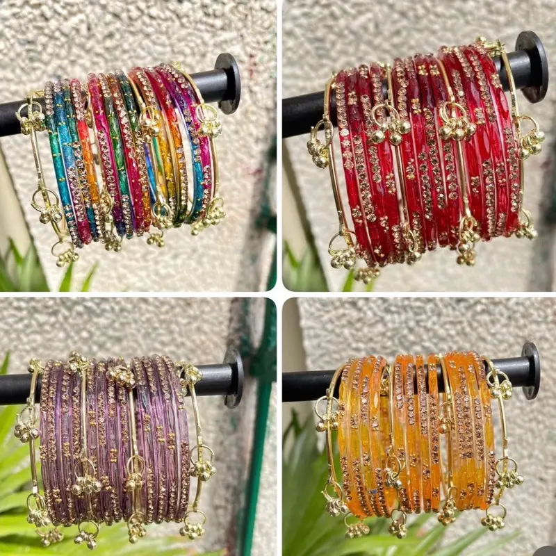 2.6 Colorful Glass Bangles Set with Gold Kashmiri Ghungru - Vibrant Shades & Elegant Design for Festive Wear