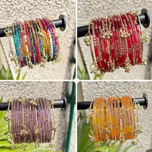 2.6 Colorful Glass Bangles Set with Gold Kashmiri Ghungru - Vibrant Shades & Elegant Design for Festive Wear