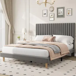 Garvee Full Size Bed Frame with 3-Level Adjustable Headboard, Velvet Upholstered Platform Bed, Vertical Channel Tufted, No Box Spring Needed, Grey