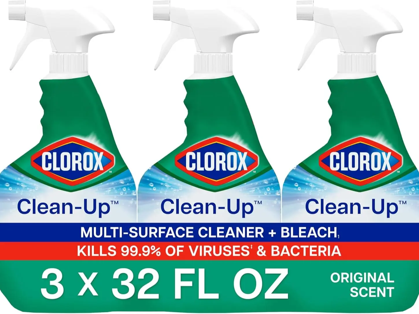 Clorox Clean-Up Multi-Surface Cleaner with Bleach, Original, Spray Bottle, Cleans Dirt and Grime Off Most Surfaces and Countertops, Kills 99.9 Percent of Viruses and Bacteria, 32 fl. oz., Pack of 3