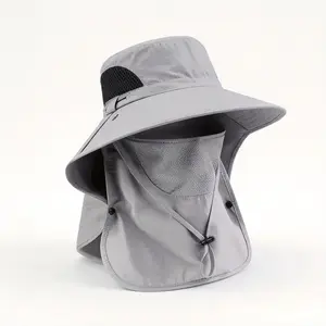 Summer bucket hat for outdoor use with neck cover and sun protection; all-around UPF 50+ 360° full sun coverage fishing hat. Detachable face mask and neckband; breathable, quick-drying outdoor hat suitable for fishing, hiking, and gardening—unisex.