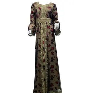 Women Ramadan Arab Dubai Ethnic Maxi Dress Embroidery Lace Long Sleeve Kaftan Floral Print Mesh Belted Eid Mubarak Turkish Robe Gown