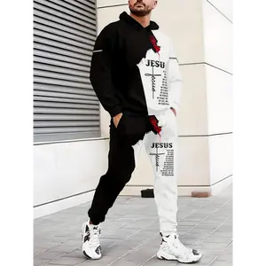 Men's Casual Polyester Hooded Tracksuit Set with Jesus Graphic, Long Sleeve Knit Fabric with Slight Stretch, Regular Fit Two-Piece Outfit with Hoodie and Jogger Pants - Novelty Apparel Set