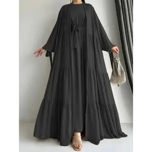 1pc Elegant Middle Eastern Abaya with Vest and Belt Set - Chiffon Long Sleeve H-Line Robe with Side Split, Regular Length, Solid Color, Lantern Sleeves, and Ruf