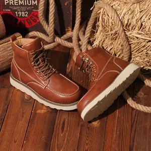 Men's Vintage Brown Leather Closed Work Boots - Lace-Up Ankle Boots with Non-Slip Thick Sole, Moc Toe - Durable Retro Footwear for Casual Outdoor, Daily Wear