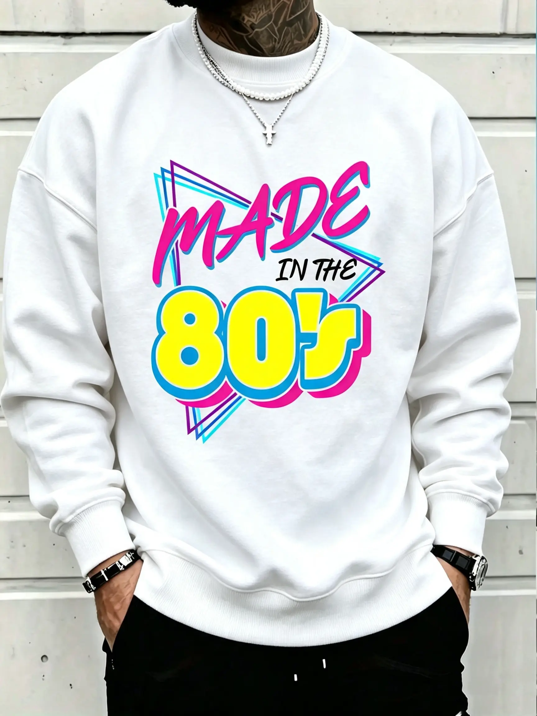 Men’s retro sweatshirt, made in the 1980s with a neon letter graphic, crewneck available with or without hood, plus-size loose vintage 1980s streetwear top, trendy casual long-sleeve pullover for the back-to-school season