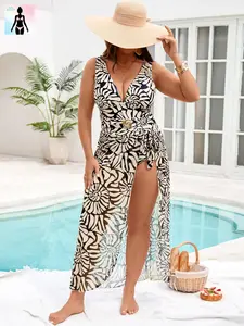 Plus Size Tummy Control Deep V Neck One Piece Swimsuit with Long Skirt Cover Up Retro Geometric Print Slimming Snatched Waistline 2 Piece Set Beachwear Bathing Suit Resort Wear Summer Vacation Pool Party Curvy Women Size Inclusive Elegant Chic Lady