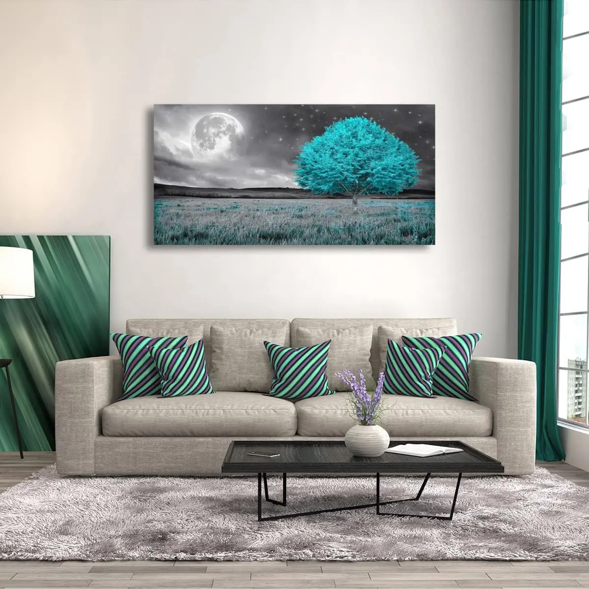 Artistic Abstract Fog Blue Forest Tree of Life Canvas Wall Art - Photo Print with Full Moon, 32x16in Wooden Framed Home Decor for Living Room, Bedroom