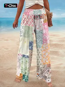 Fashionable Casual Vacation Bohemian Style Elegant Women's Versatile Slim Fit Outerwear, Suitable For Going Out, Home, Travel, Work, New Autumn/Winter Women's Casual Floral Patchwork Loose Wide Leg Pants Bottoms Womenswear