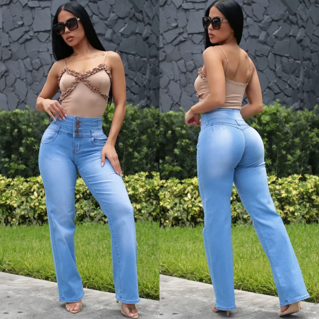 MX JEANS Push Up Thick Waist Wide Leg Stretch Jeans Light Blue