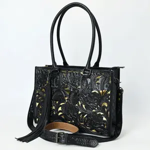 Black Wolf Hand Tooled Leather Tote Bag