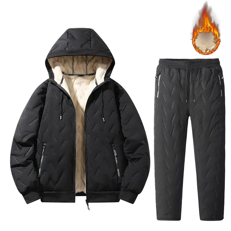 Men’s winter thick fleece set: casual hooded jacket and warm fleece sweatpants, two-piece cold-resistant casual sports outfit