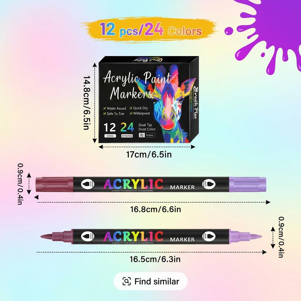 24Colors Dual Tip Acrylic Paint Pens for Rock & Glass Painting, Free Coloring Book, Creative DIY Art Gifts