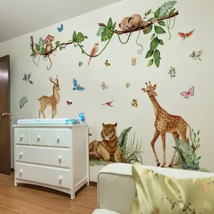 A set of 3 (30*90cm*3pcs) hand-painted tree branch, vine and animal wall stickers for decorating home living rooms, foyers, corridors, bedrooms and bathroom background walls - M16055