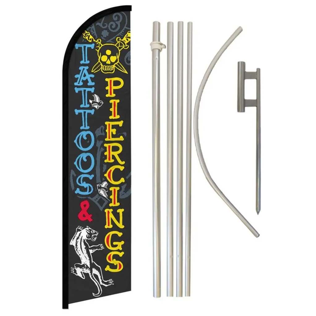 Windproof Patterned Tattoos & Piercings Banner Flag Complete Kit - Sturdy Aluminium-Steel Pole, Easy-Install 11.5x2.5 ft Wear-Resistant Customizable Printable Polyester Backdrop for Home, Festive Supplies