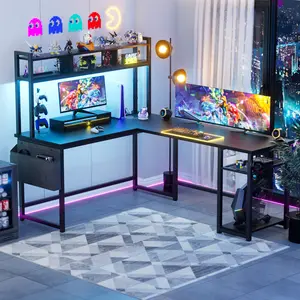 Cyclysio 59'' L-Shaped Gaming Desk with Power Outlet & RGB LED Light, Reversible Corner Computer Desk with Storage Shelf & Monitor Stand & Storage Bag
