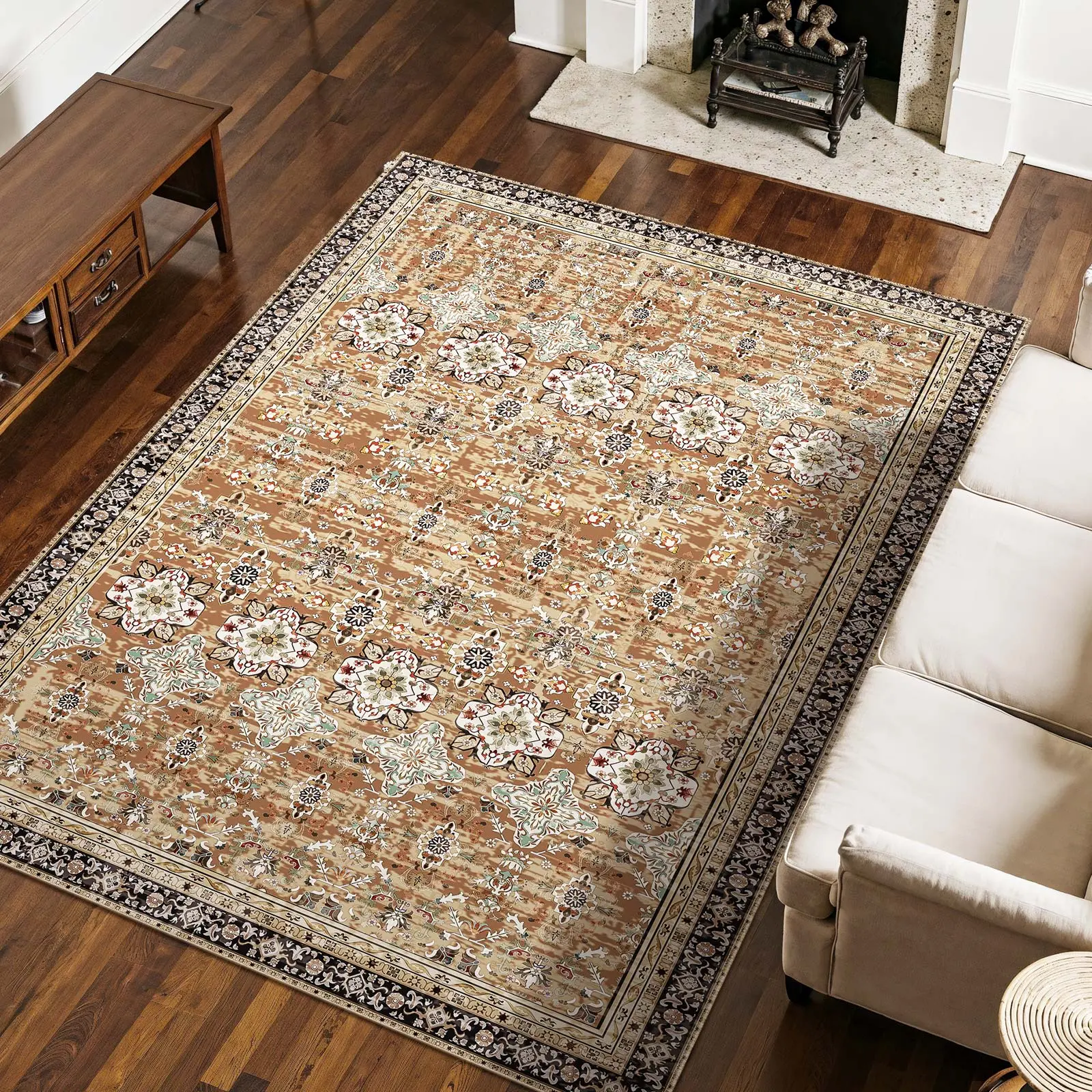 【SummerFinds】VEVOR Area Rug, 7.5 x 9.5 ft Large Washable Rug, Non-Slip and Tear-Resistant Soft Carpet, Pet Friendly Vintage Area Rugs, Indoor Mat for Bedroom, Living Room, Office, Entryway, Brown Green