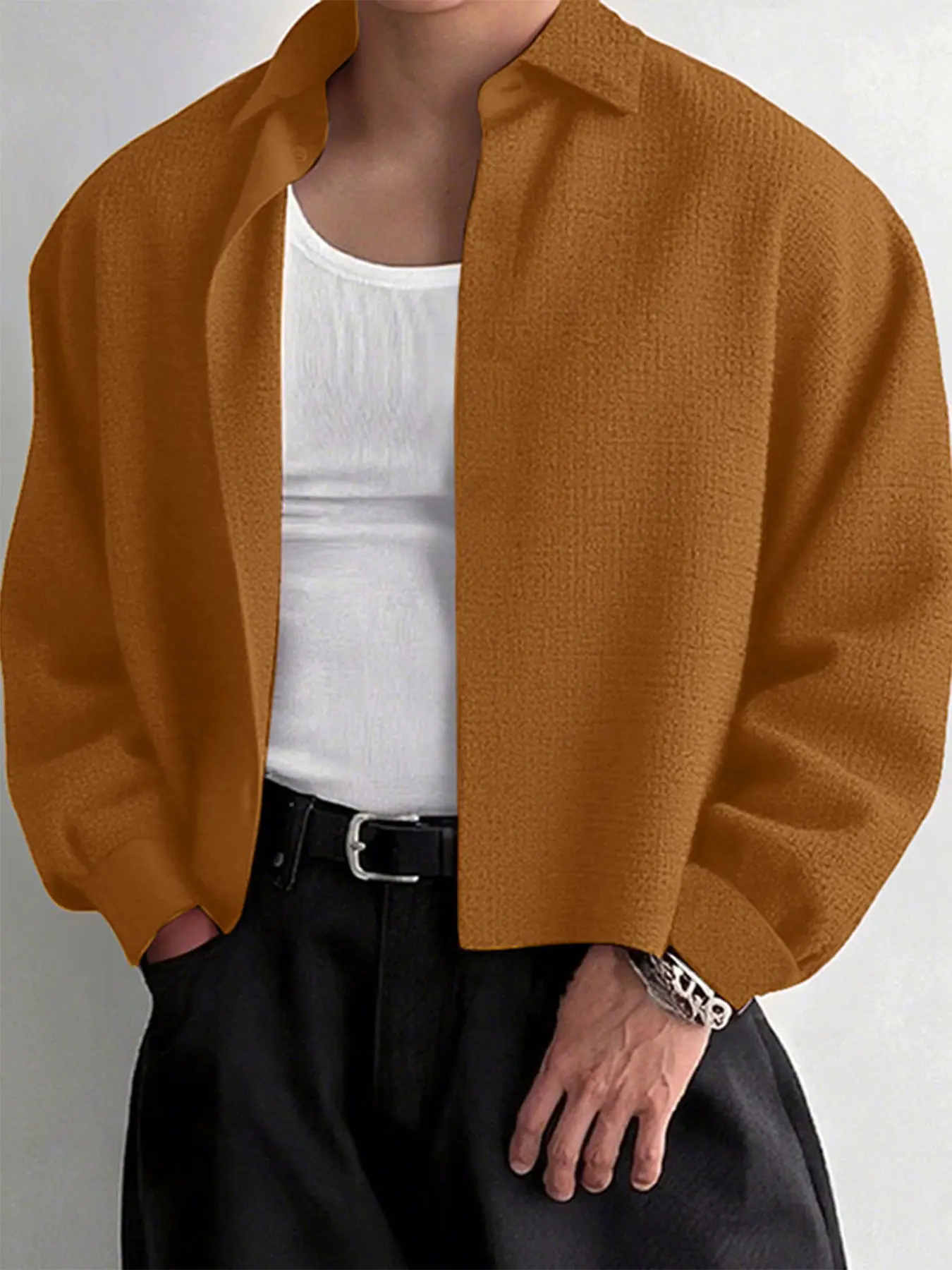INCERUN Men's Fashion Casual Solid Color Texture Fabric Long Sleeve Shirt, Button Up Front, Comfortable and Stylish, Suitable for Daily Wear, Casual Stylish Clothing, Top, Menswear