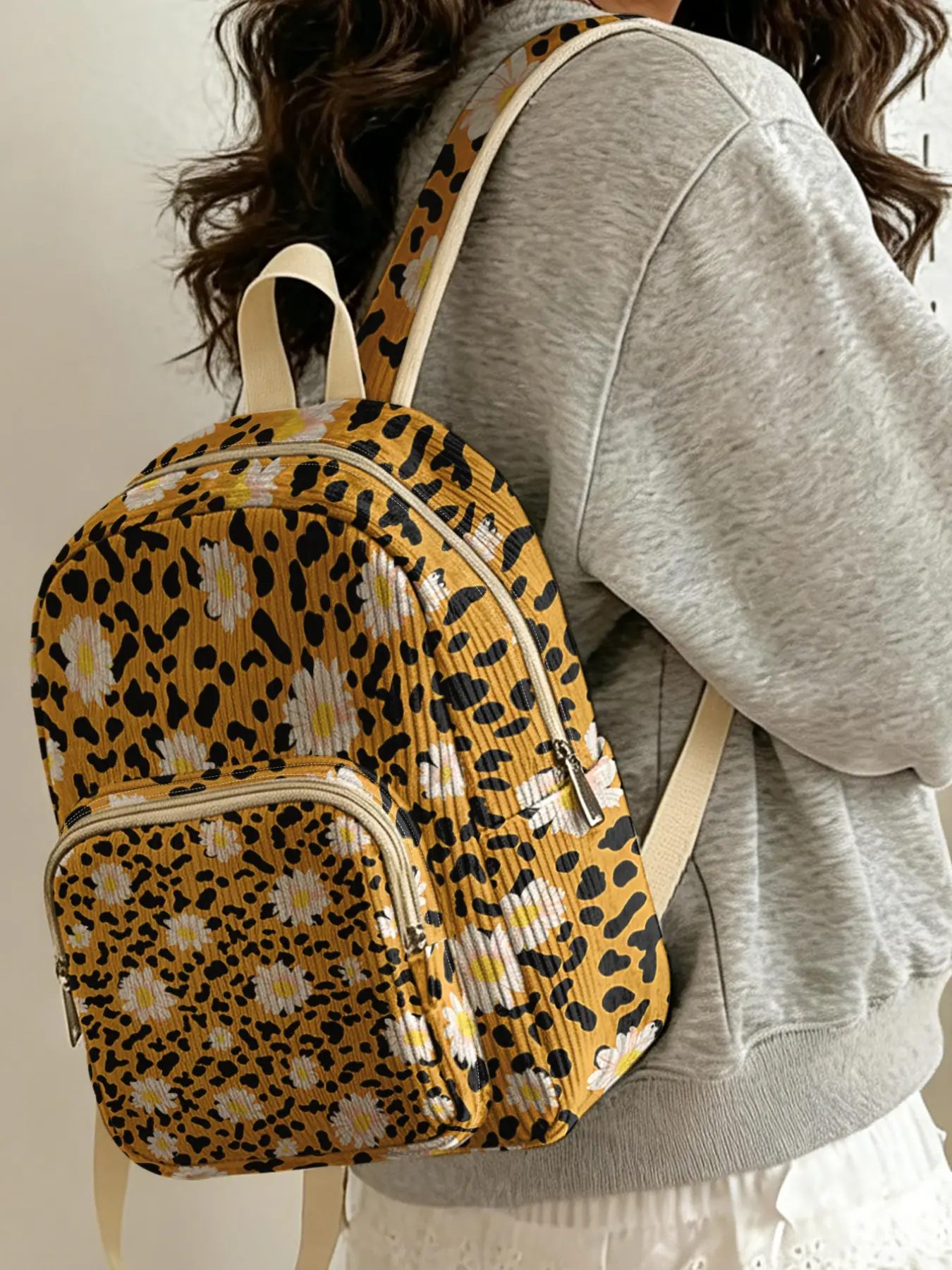 1 piece of 2D printed lady's backpack with cheetah daisy pattern, corduroy texture + layered storage + light and easy to carry | Perfect for students to go to class/shopping/short trips | Combines atmosphere with practicality