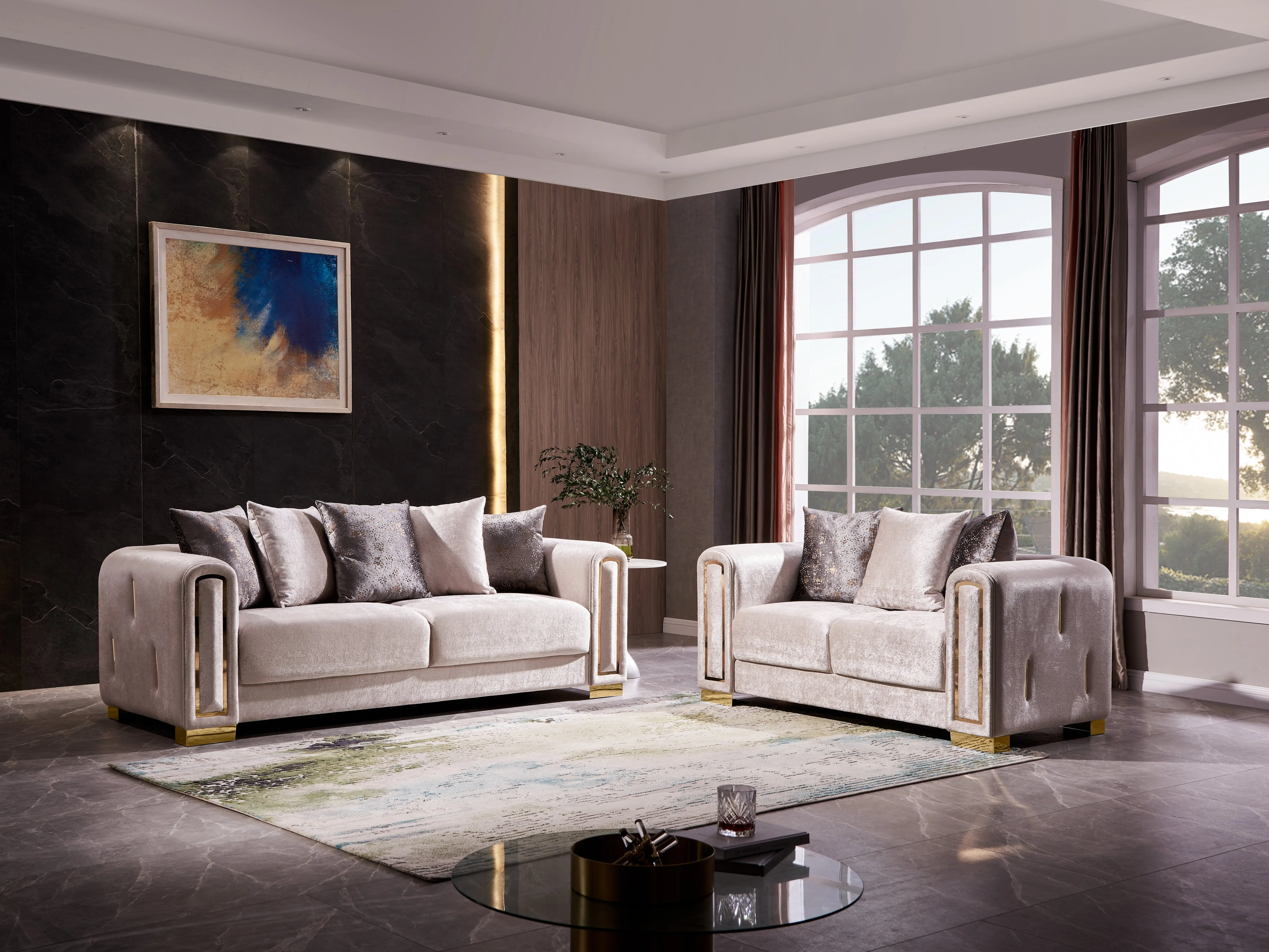 3-Piece Luxury Indoor Living Room Furniture Set - Beige Velvet Couch with Gold-Lined Arms, Plush Matching Chaise Lounge, Flannelette Corner Ottoman, Recliner, Upholstered Set, 2-Piece Wooden Living Room Furniture Option, Three-Piece Living Room Furniture