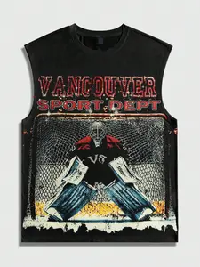 Streetwear Loose Fit Graphic Sport Tee, Ice Hockey Goalie Pattern Unisex Casual Top, Trendy Fitted Design Vest