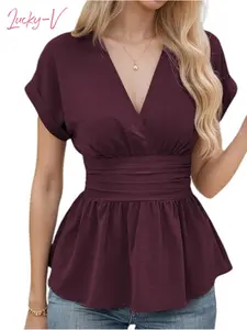 Chvity Women's Fitted Short-Sleeve Polyester Wrap Blouse - Slim, Medium-Length V-Neck Peplum Waist Basic Minimalist Top for Business, Vacation Wear