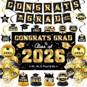 Graduation Decorations 2026-Black and  Graduation Party Decorations Supplies Class of 2026 with Graduation Banner, Backdrop, Balloons, Centerpieces,  Swirl for Grad Party