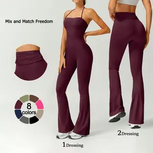 TimeOFF Women's 2 Piece Flare Yoga Set - Halter Neck Jumpsuit & High Waist Ruched Pants, Stretchy Breathable Fabric with Mix-and-Match Freedom, Sculpts Curves & Eliminates Wardrobe Limitations, Perfect for Yoga, Pilates, Gym & Casual Daily Wear