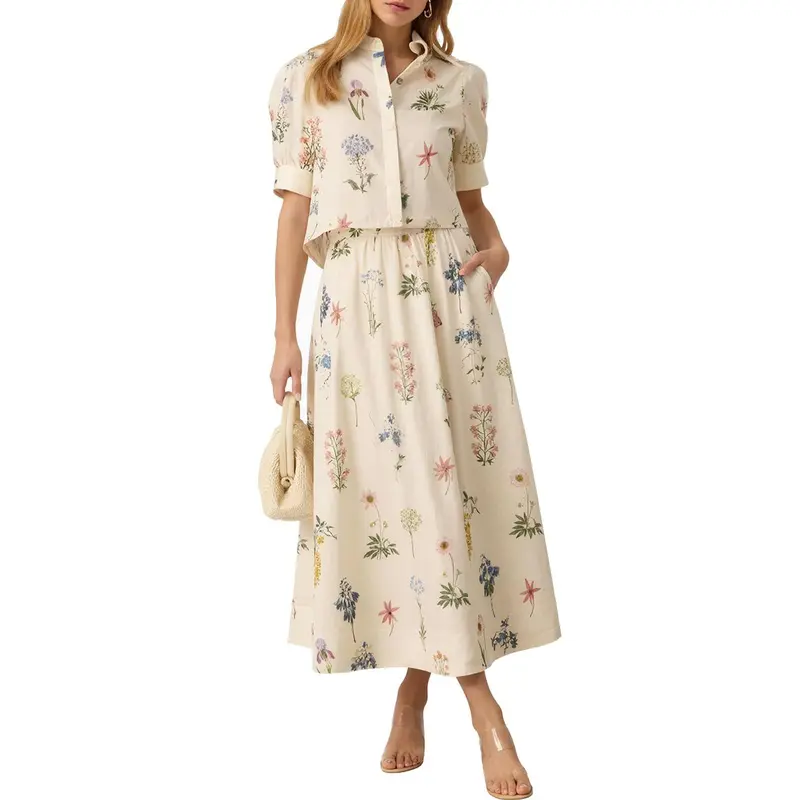 Tankaneo Womens 2 Piece Floral Skirt Sets Puff Sleeve Blouse and Elastic Waist Matching Set Vacation Outfits
