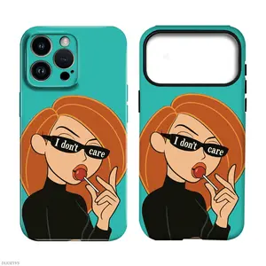 Cartoon Girl Wearing Sunglasses With I Don't Care Pattern Shockproof Phone Case for iPhone 17 Pro Max, 17 Air, 16 Plus, 15, 14, 13, 12, 11. Features A Soft Silicone Inner Case and Durable Hard Plastic Outer Sh