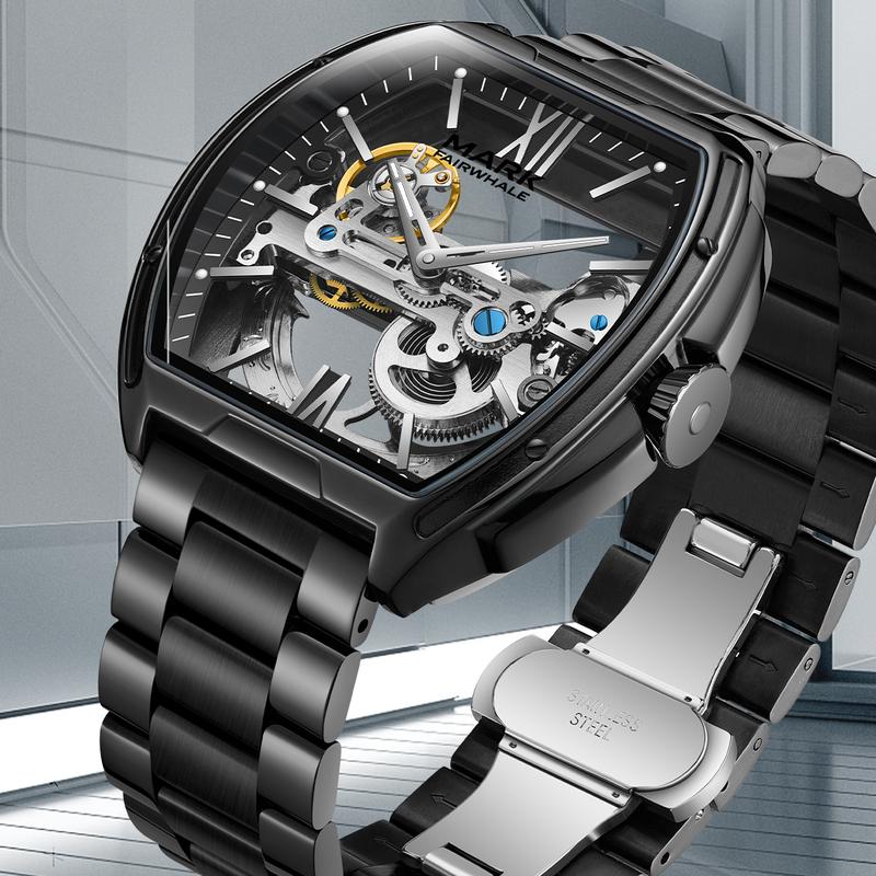 MARK FAIRWHALE Men’s Analog Casual Business Wristwatch - Fully Automatic Waterproof, Elegant, Compact & Stylish, Barrel Face, Openwork, Tourbillon, Large Dial, Stainless Steel Strap, Transparent Case Back, Luminous, Ultra-Thin, Distinctive Personality