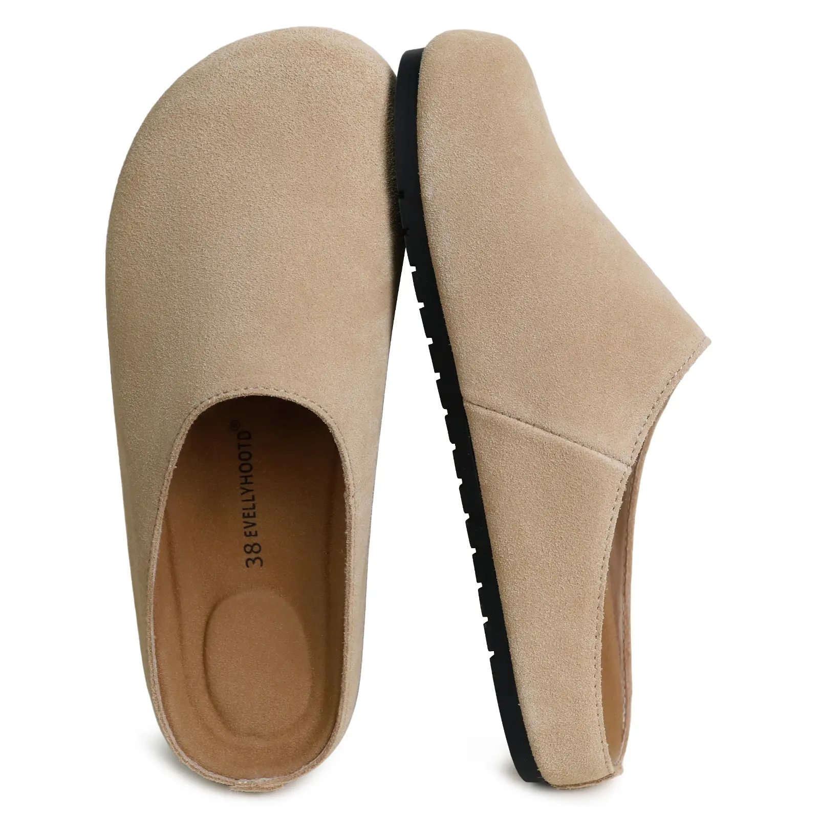 EVELLYHOOTD Women's French Style Genuine Suede barefoot Slip on Round Toe Cork Footbed Clogs Fashion Suede Potato Shoes Outdoor Vintage Comfort Walking Shoes Slippers Classic Footwear