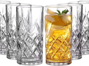 Royalty Art Kinsley Tall Highball Glasses Set of 8, 12 Ounce Cups, Textured Designer Glassware for Drinking Water, Beer, or Soda, Trendy and Elegant Dishware, Dishwasher Safe (Hiball) Drinkware Thick Dinnerware Stylish Kids glass can whiskey cup friend gi