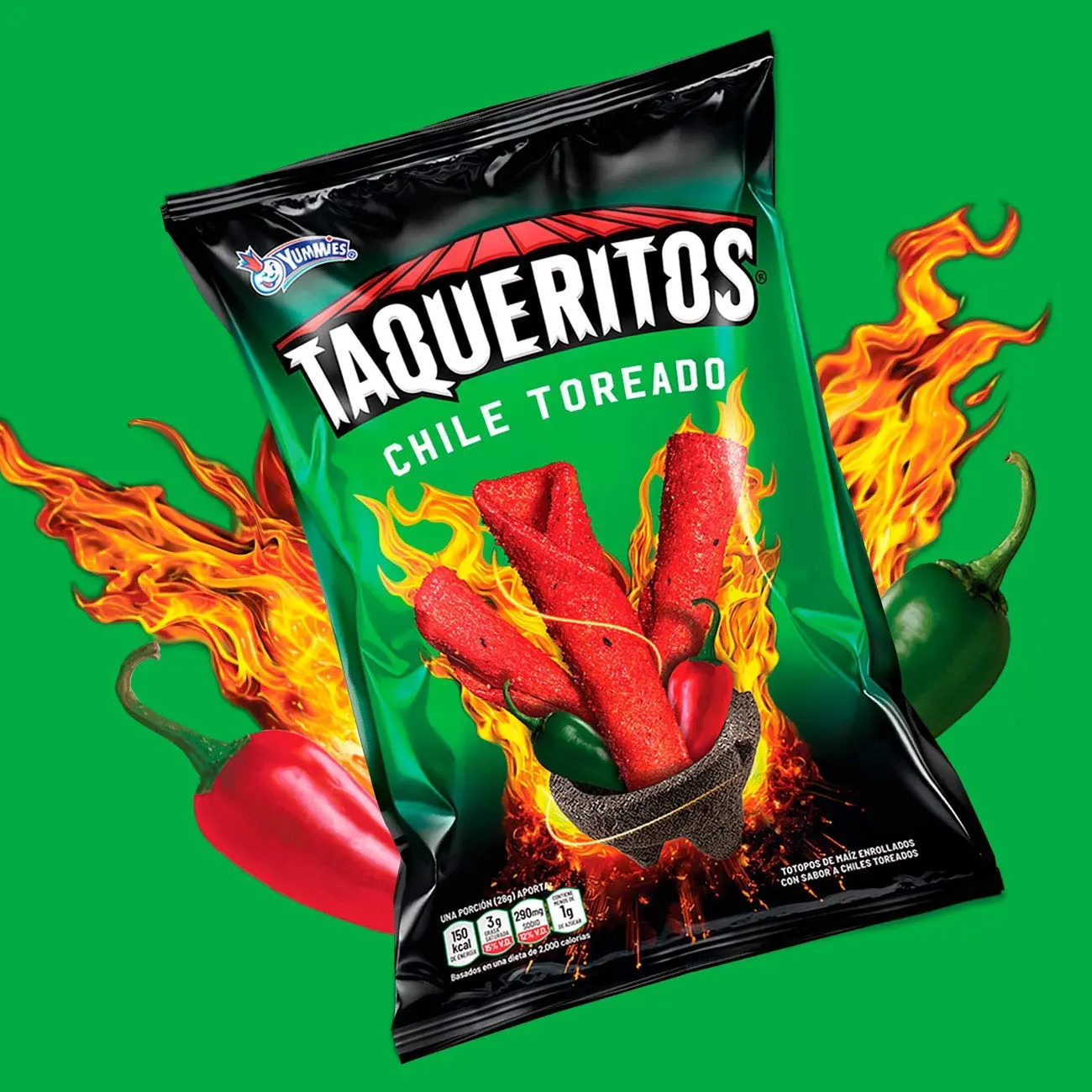TAQUERITOS CHILE TOREADO Yummies Brand, Corn rolled Tortilla Chips with Chili Toreado Flavor from Cemtral America  Crispy