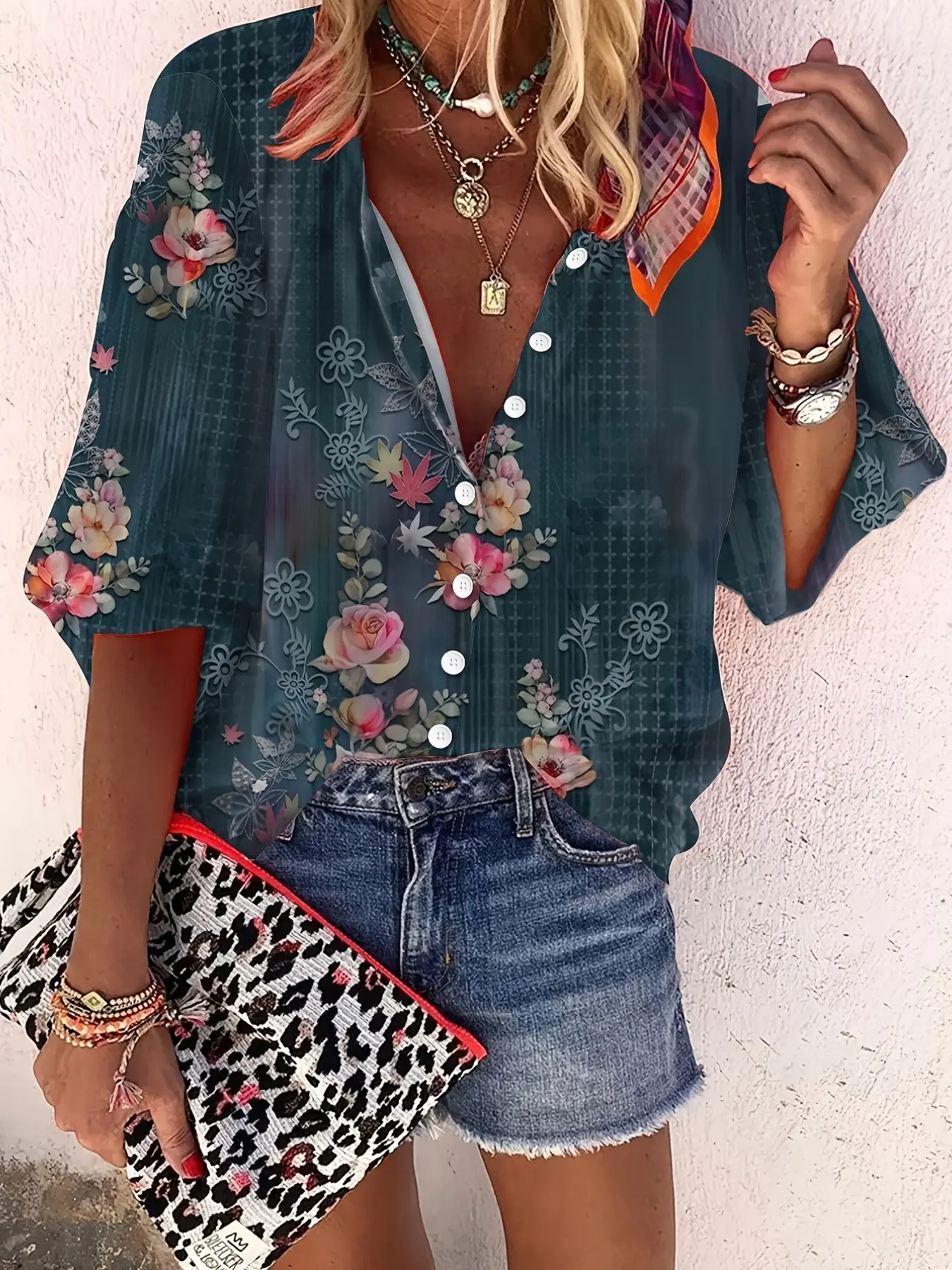 Women's Ethnic Floral Print Shirt, Casual Three-Quarter Sleeve Top, Comfortable Daily Wear, Stylish Ladies' Blouse, Boho Bohemian Blouse, Blouses Shirts Tops