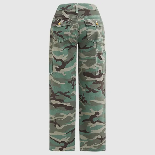 Flamingals Stretchy Camo Print Mid Rise Straight Leg Pants