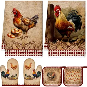 6 Farm Rooster Farmhouse Kitchen Decor Dish Towels Oven Mitts and Pot Holders Sets Chicken Kitchen Towels Absorbent Decorative Accessories for Cooking Baking Grilling