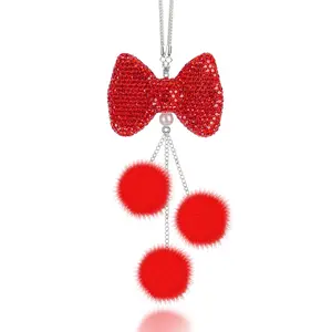 Multicolor Rhinestone Bow Fur Ball Car Hanging Ornament, Rearview Mirror Decoration, Plush Charm Pendant for Car Interior Decor, Car Interior Accessory, Car Trinkets