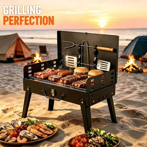 Flaryth Mini Portable Charcoal Barbecue Grill - Foldable Compact Smokeless BBQ Pit with BBQ Tools, Ideal for Indoor Cooking, Camping, Backyard Use (Portable BBQs)