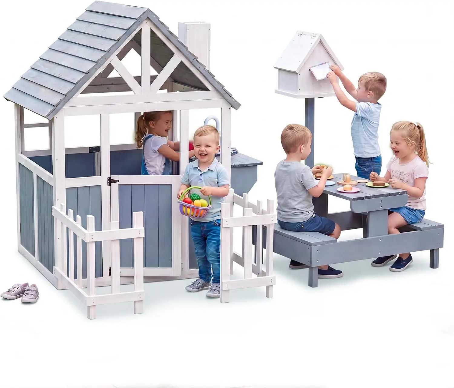 Wooden Kids Playhouse, Outdoor Playhouse for Kids Ages 3+, Backyard Pretend Play House with Fence, Door, Window, Play Kitchen, Sink, Picnic Table, Mailbox(Gray)