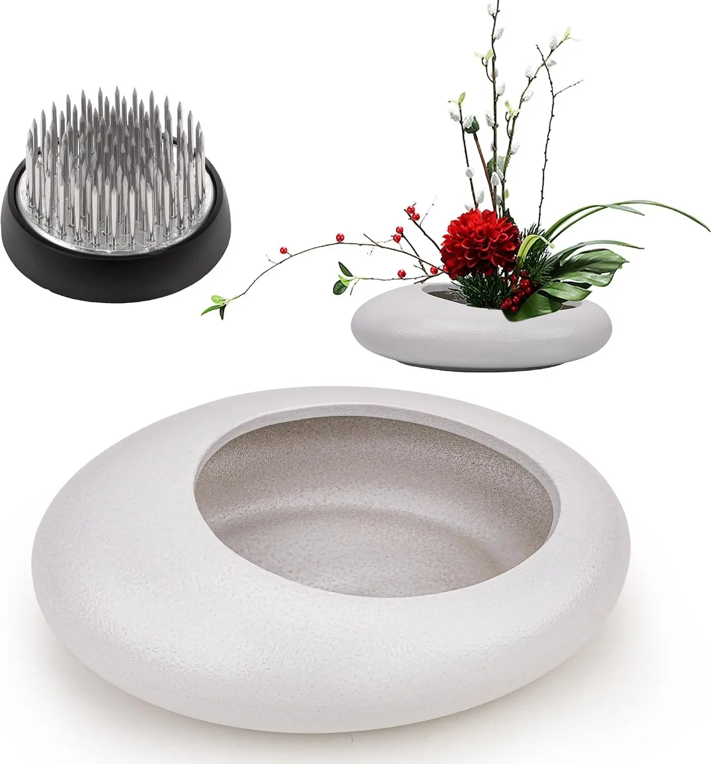 Folmywy Japanese Flower Frog Vase Kit Ikebana Flower Arrangement Bowl | Small White Ceramic Pot with 1.57 Inch Kenzan Japanese Artisan Flower Frog for Ikebana Teaching Aids Art Supplies Home Decor