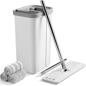 60-inch Flat Mop and Bucket Set with Wringer, Hands-Free System, with 3 Reusable Microfiber Pads, Wet and Dry Use, Floor Cleaning System