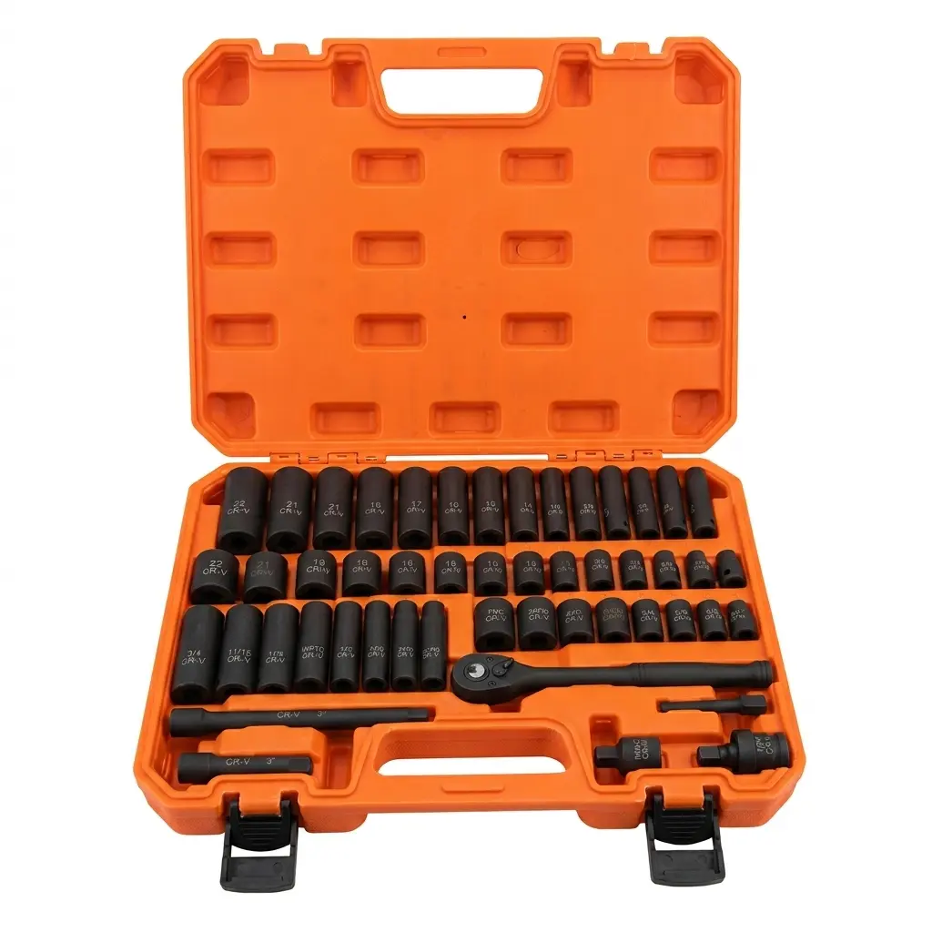 50pcs 3/8" Drive Impact Socket Set, Standard SAE (5/16 to 3/4 inch) and Metric (8-22mm) Size, 6 Point, Cr-V, 3/8-Inch Drive Ratchet Wrench, Drive Extension Bar, Impact Universal Joint