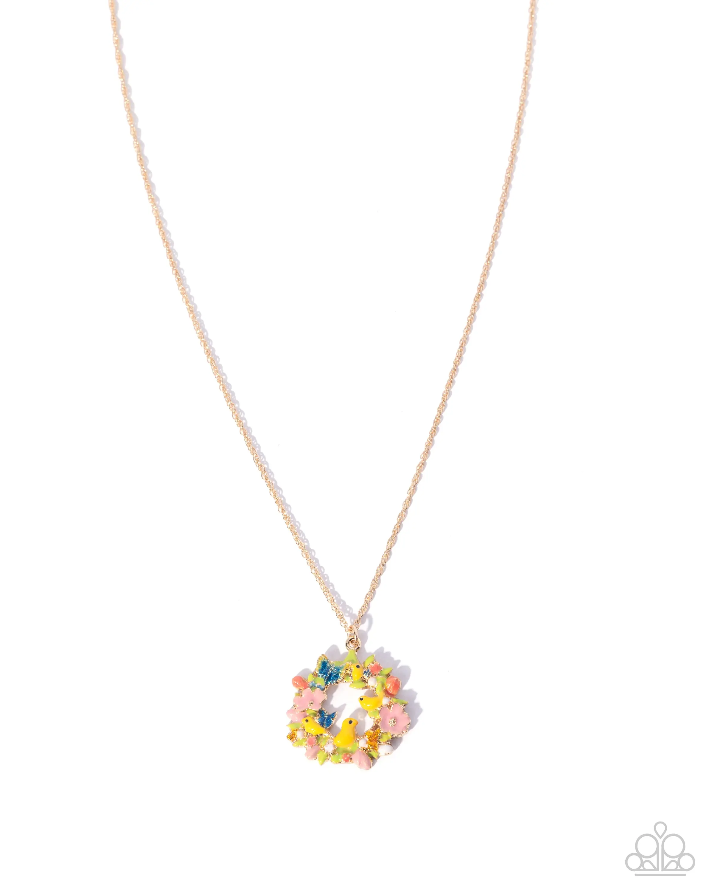 Easter Morning - Multi Yellow Chick Easter Wreath Silver Short Necklace - Paparazzi