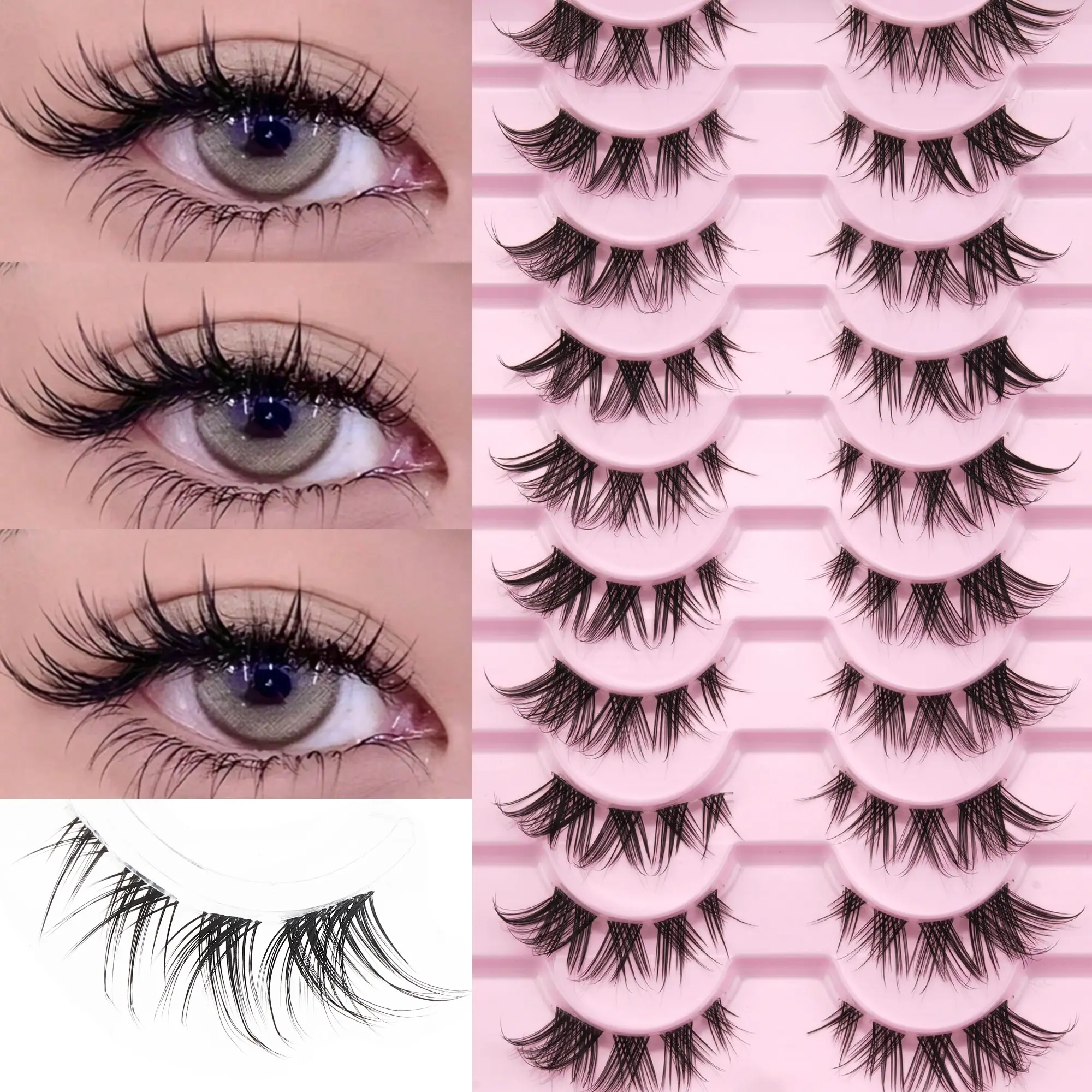 10 Pairs Natural Thin False Lashes, Invisible Transparent Band, Reusable, Beginner-Friendly, Feline Lash Look 3D Lashes for Eye Makeup Tools, Eyelashes