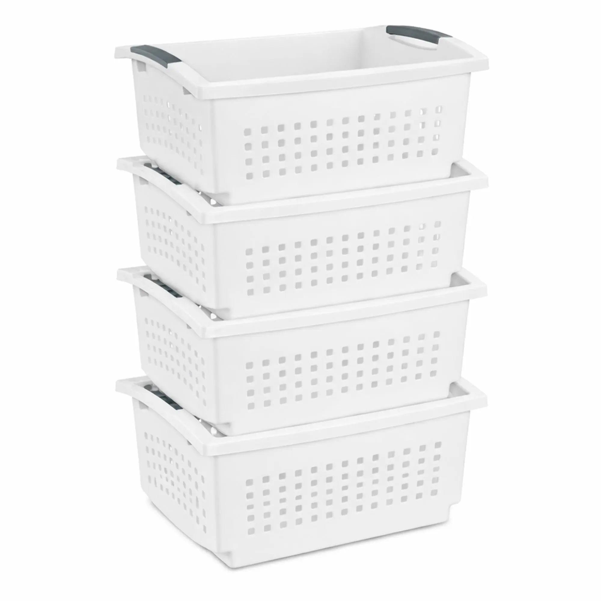 Sterilite Large Stacking Basket, Open Top Storage Bin w/ Handles, 4 Pack, White Sterilite Large Stacking Basket, Open Top Storage Bin w/ Handles, 4 Pack, White