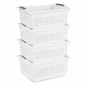 Sterilite Large Stacking Basket, Open Top Storage Bin w/ Handles, 4 Pack, White
