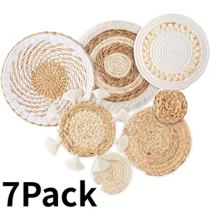 7 Pack Boho Wall Basket Decor - Seagrass Rattan Wicker Wall Decor Round Handmade Hanging Rustic Flat Elegant Wall Art for Farmhouse Living Rooms Bedrooms Display Table Settings Kitchen Home  Gift Ornaments installation Hangable Flower Design Decorative