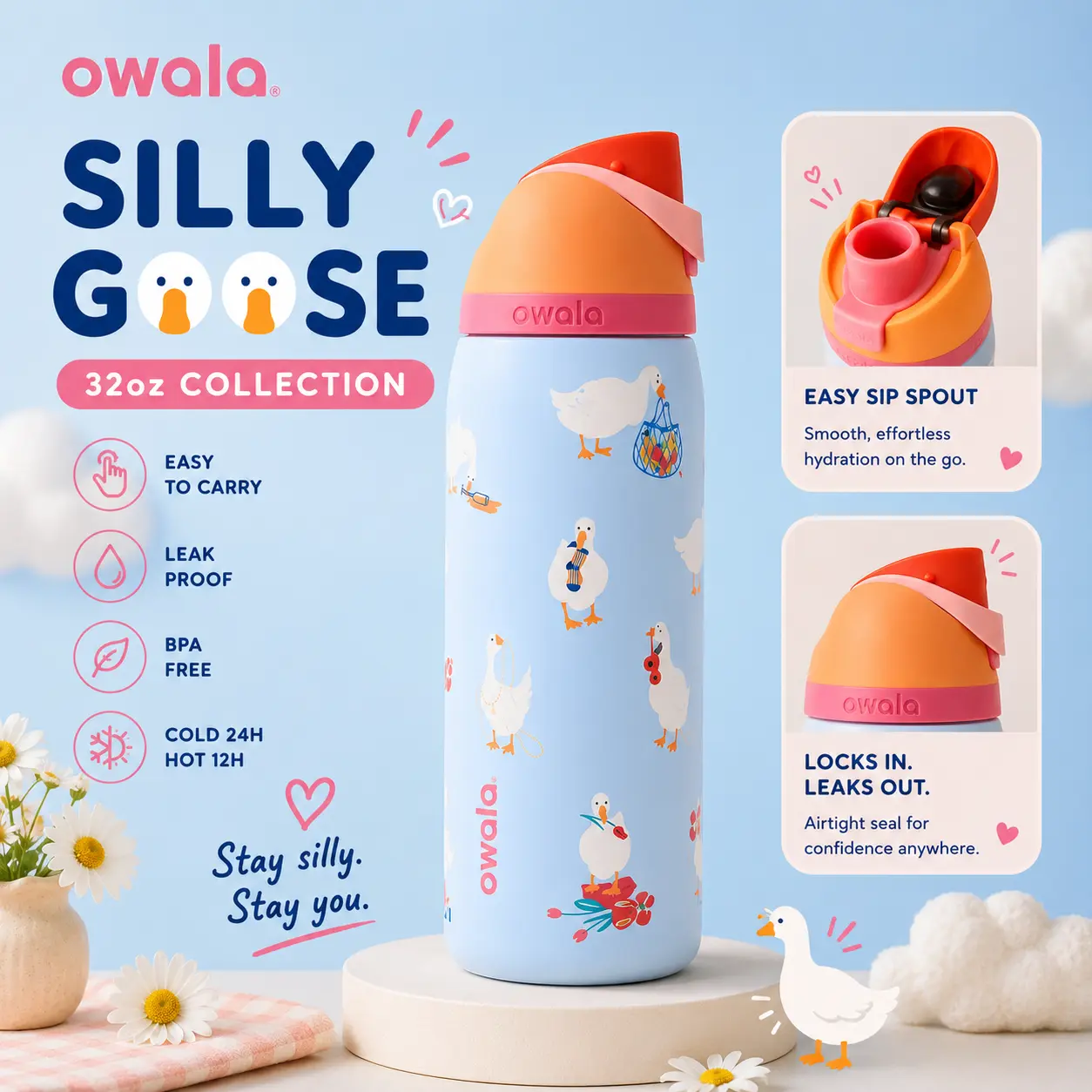 Owala Silly Goose 32oz FreeSip Spout, BPA Free, Leak Proof, Insulated Stainless Steel Bottle
