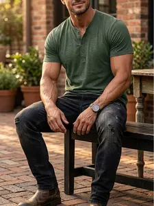 Men's Cotton Henley Shirts, Casual Short-Sleeve Button T-Shirts, Lightweight Relaxed-Fit Summer Beach Tops, Buttons,summervibes